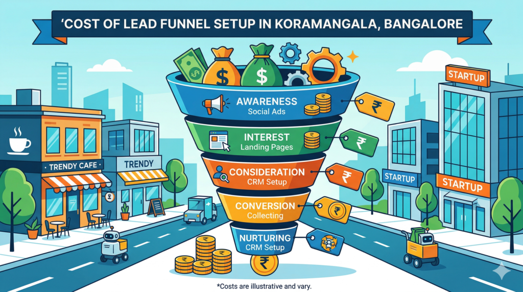 Infographic illustrating the stages and cost breakdown of a lead funnel setup for startups in Koramangala, Bangalore.