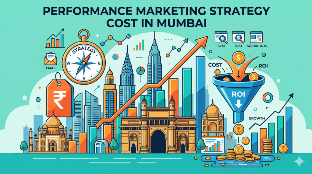 Illustration depicting a performance marketing strategy and ROI conversion funnel set against the Mumbai skyline.