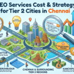 Infographic showing an SEO services strategy map and growth charts for Tier 2 cities around Chennai.