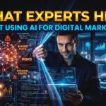 A digital marketing graphic titled "What Experts Hide About Using AI for Digital Marketing," featuring a man interacting with holographic AI technology and hidden risk factors.